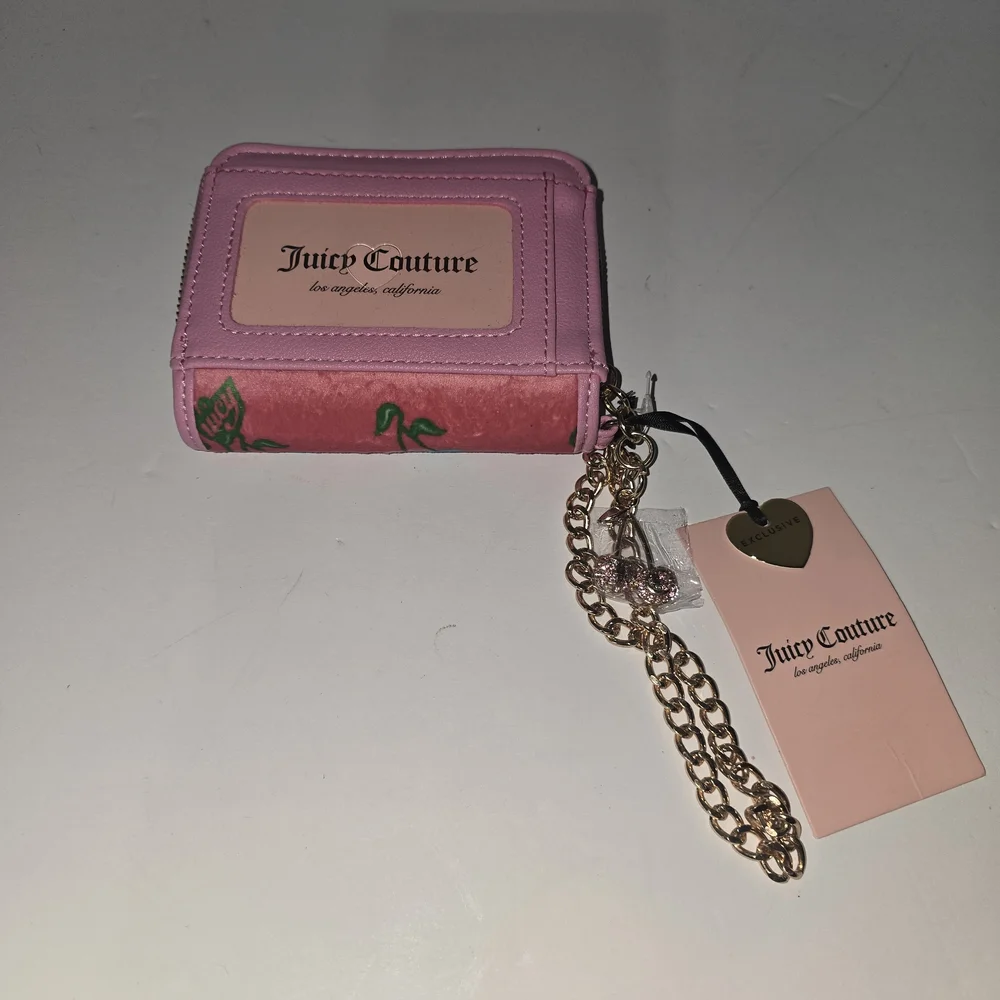 Juicy Couture Pink Floral Zip Wallet with Blue Flower Accents and Gold Chain